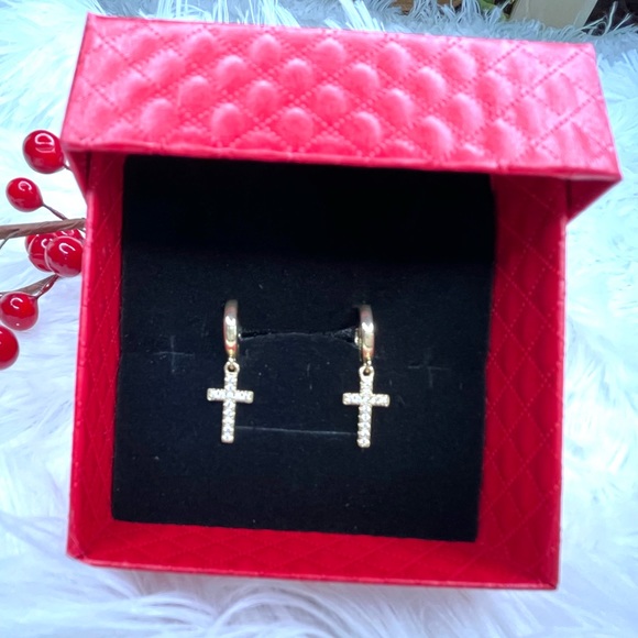New Sterling Silver Gold Plated Micro Paved Charm Cross Earrings - Picture 4 of 7